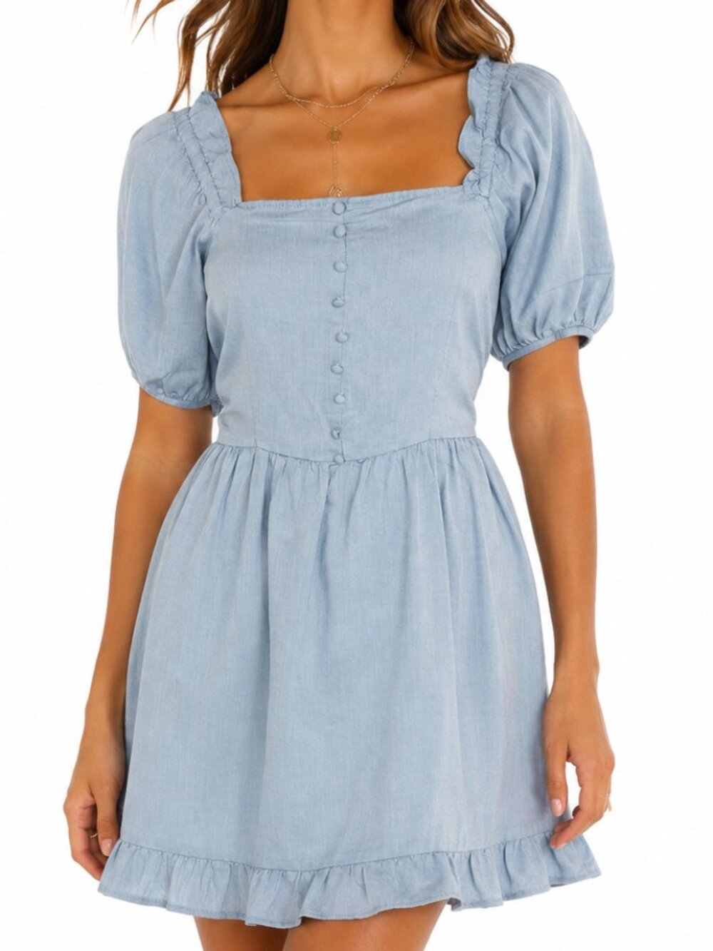 Who What Wear Cottagecore Chambray Puff Sleeve Mini Dress Pockets Smocked L